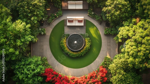 Aerial view of a circular garden with a fountain, surrounded by lush greenery and seating