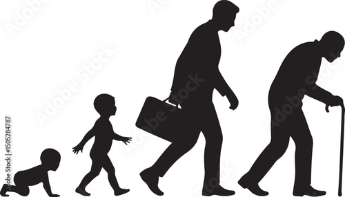 Vector illustration. Silhouette of growing up man from baby to old age. Many people of different ages in a row.