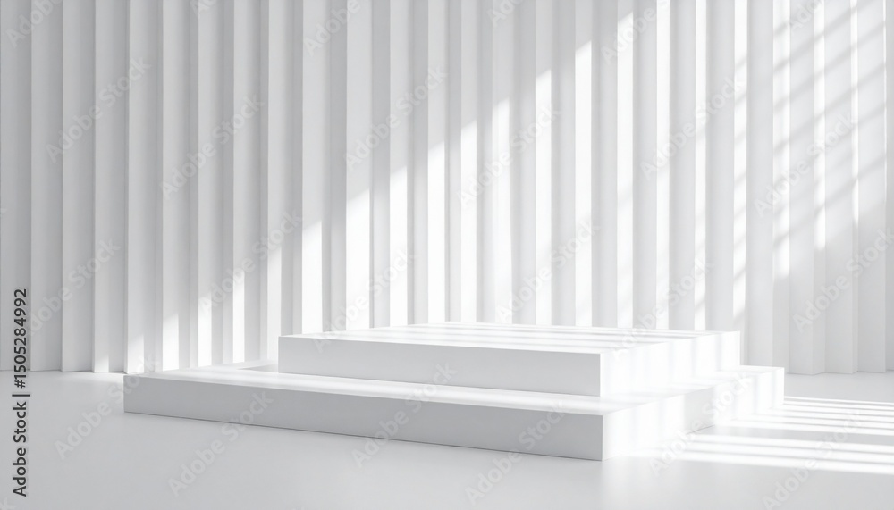 Fototapeta premium Elegant abstract white podium in sunlight with shadow, striped place with perspective