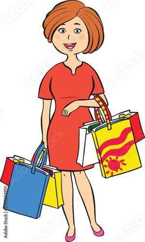 Happy woman shopping. She bought lots of clothes on sale.