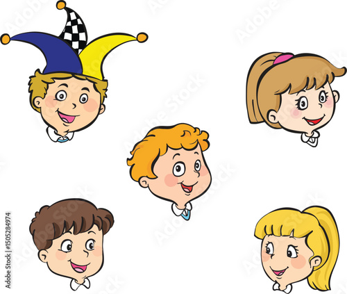 Cartoon kids faces. Drawing kids heads.