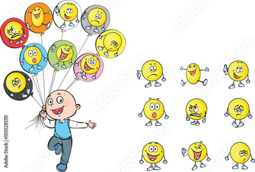 Cartoon little boy holding flying balloons tied to a string. Emoji set. Emotions. Smiley faces.