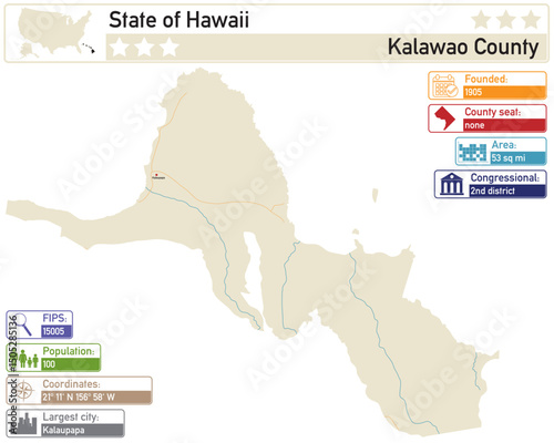 Detailed infographic and map of Kalawao County in Hawaii USA.