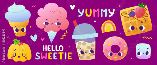 Cute sweet food with faces set. Cartoon kids dessert food collection.