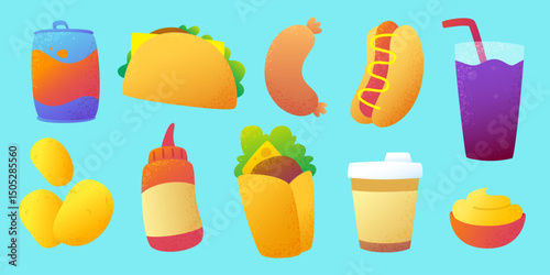 Colorful fast food set. Cartoon textured street food vector collection. Fast food bundle.