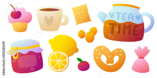 Cute textured sweet food set. Cozy tea time vector collection. Cartoon sweets bundle.