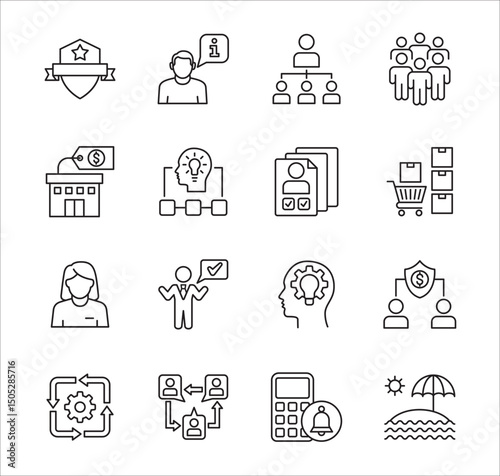 Business company Icon set. Management icon set. Contains symbol of teamwork, data, asset, stock, resource, employee, businessman, target, finance, holiday, meeting, education. Vector illustration