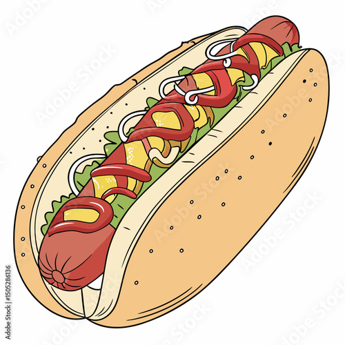 Realistic full vector illustration of a delicious hot dog with detailed toppings, perfect for food designs, menus, and digital projects.