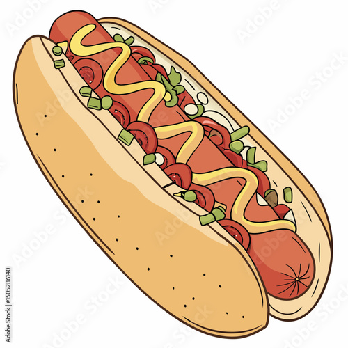 Realistic full vector illustration of a delicious hot dog with detailed toppings, perfect for food designs, menus, and digital projects.