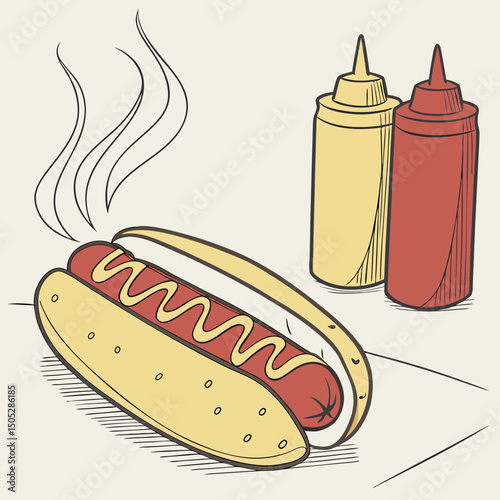 Realistic full vector illustration of a delicious hot dog with detailed toppings, perfect for food designs, menus, and digital projects.