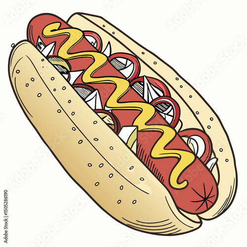 Realistic full vector illustration of a delicious hot dog with detailed toppings, perfect for food designs, menus, and digital projects.