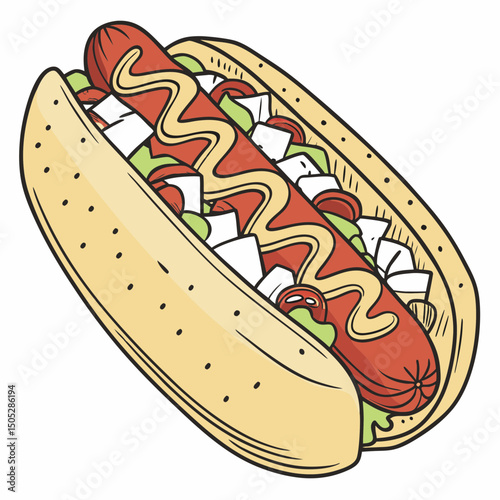 Realistic full vector illustration of a delicious hot dog with detailed toppings, perfect for food designs, menus, and digital projects.