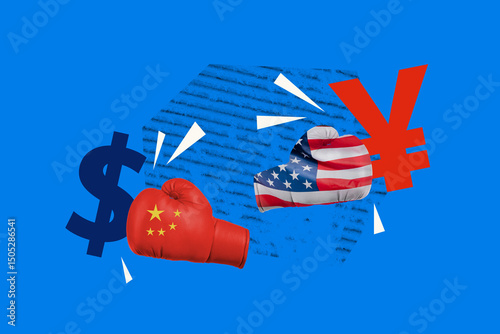 Trendy art creative full zine photo collage of hands wear boxer glove heat dollar yuan china america currency trade war embargo photo