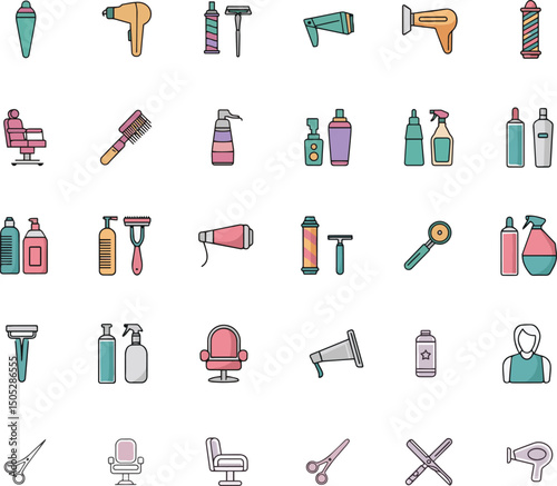 hairdresser icons in various style set. salon, haircut, beauty, hairstyling vector illustration