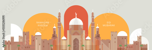 Abstract arabic old city with mosque in modern style. Creative minimalistic background for festive banner, flyer, card. Ramadan Kareem vector illustration.