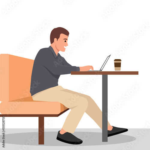 Man sits on a cushioned bench in a cafe, typing on his laptop with a coffee cup nearby on the table. Flat vector illustration isolated on white background