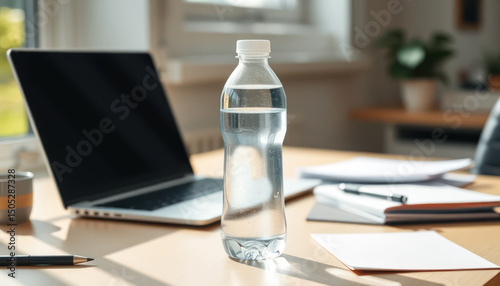 Clear plastic bottle of water on a wooden desk with laptop, notebooks, and a coffee cup in bright modern workspace