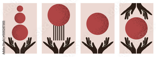 Modern art set. Vector illustration of contemporary surreal poster cover with black hands and red ball. Perfect Noise texture artwork for interior design. EPS 10