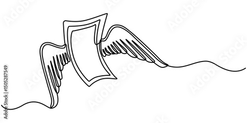 Continuous single one line drawing art of money paper flying with wings. Vector illustration of loss dollar banknote money, flying dollar with wings continuous one line drawing. 