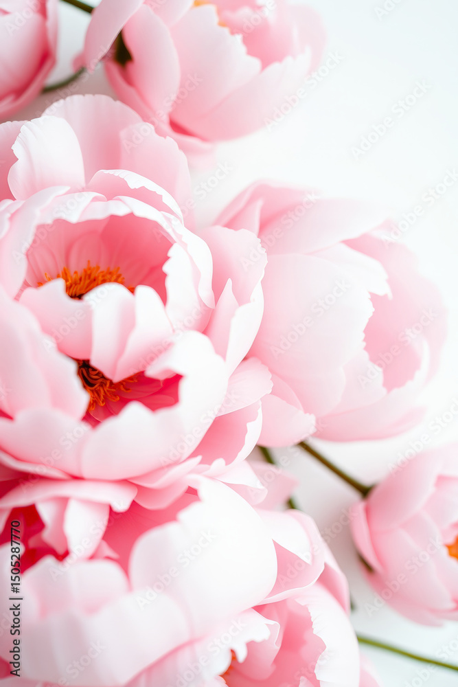 Obraz premium Soft pink peonies in full bloom with delicate petals and elegant floral aesthetic on a white background