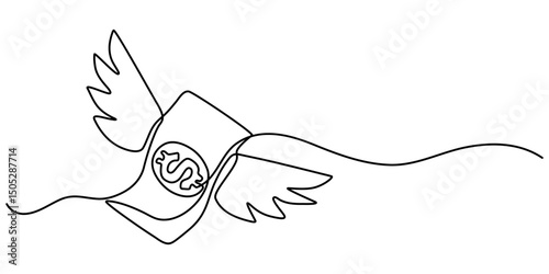 Continuous single one line drawing art of money paper flying with wings. Vector illustration of loss dollar banknote money, flying dollar with wings continuous one line drawing. 