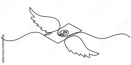 Continuous single one line drawing art of money paper flying with wings. Vector illustration of loss dollar banknote money, flying dollar with wings continuous one line drawing. 