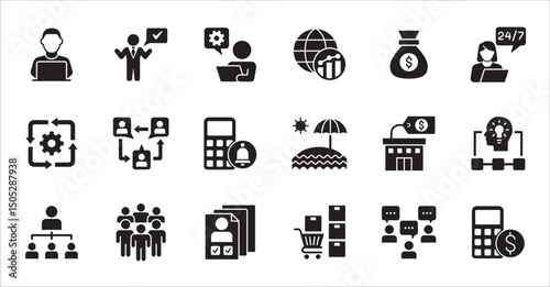 Business company and Management icon set. Contains symbol of teamwork, target, market, global, success, customer service, leadership, holiday, asset, meeting, entrepreneur. Vector illustration