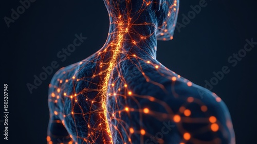 Realistic Human Silhouette with Glowing Nerves Illustration on Dark Background