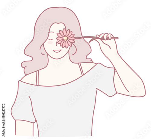 A cheerful and joyful woman playfully holds a colorful and vibrant flower, radiating immense beauty, joy, and warmth