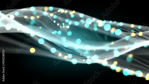 Abstract composition of glowing spheres and lines creates a flowing, digital effect on a dark backdrop, creating depth and movement