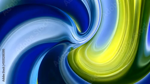 A vibrant abstract features swirling streams of blue, green, and yellow blending in a fluid and dynamic motion