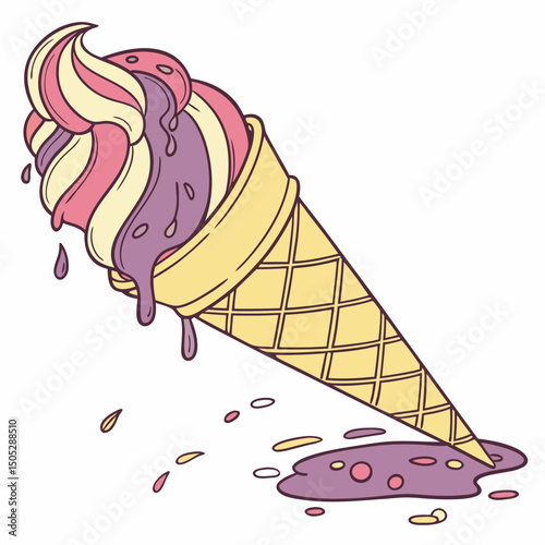 Realistic full-body vector illustration of an ice cream cone with detailed textures and vibrant colors, perfect for summer and dessert-themed designs.