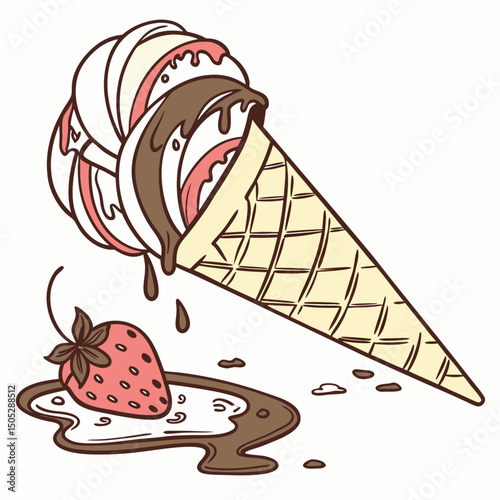 Realistic full-body vector illustration of an ice cream cone with detailed textures and vibrant colors, perfect for summer and dessert-themed designs.