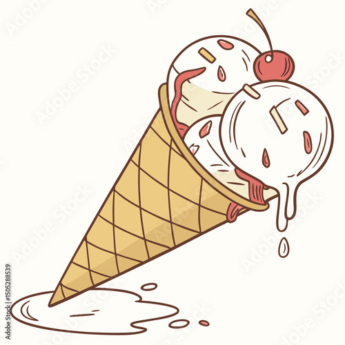 Realistic full-body vector illustration of an ice cream cone with detailed textures and vibrant colors, perfect for summer and dessert-themed designs.
