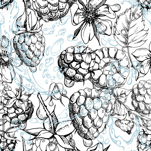 Raspberry leaves, dew drops flying in water splash, ripe summer garden forest berry loganberry hand drawn in vector ink. Isolated seamless pattern tile. Home preserves, stationery, menu, recipe book