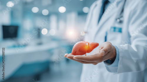 Close-up of a doctor in white coat holding realistic human liver model, symbolizing advanced medical care and liver treatment. Healthcare professional demonstrating organ anatomy for education or surg