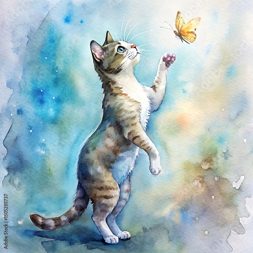 cat standing on hind legs reaching butterfly