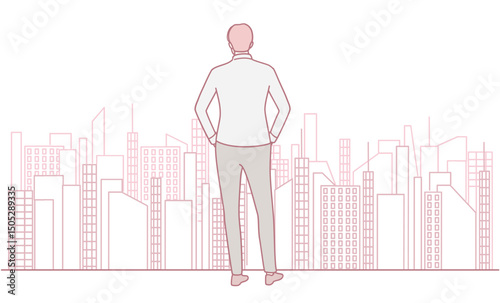 A striking silhouette of a man deeply gazing at a vibrant modern city skyline, vividly portrayed in a minimalist style