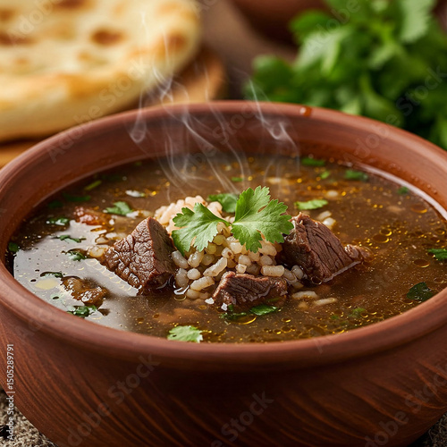 Clay bowl of Georgian Kharcho soup with Meat and Tkemali sauce, rice and herbs, served on rustic wooden table. Kharcho is a traditional and popular Georgian soup with rich, spicy and aromatic taste.