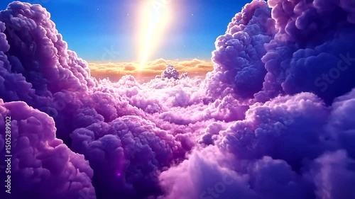 Ethereal landscape with layers of billowy purple and pink clouds with sunlight streaming down from a clear blue sky above