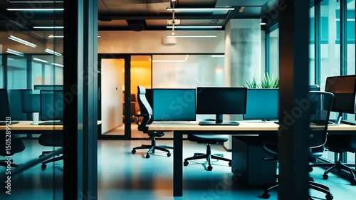 Modern office space featuring desks, chairs, computers, and glass partitions, all illuminated by sleek, contemporary lighting fixtures