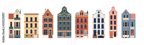 English houses set. British UK buildings with old historic facades, exteriors, windows, porches. Traditional urban architecture collection. Flat vector illustration isolated on white background