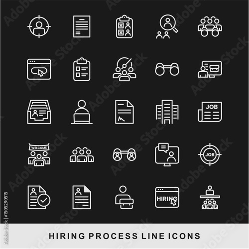 Hiring Process Line Icons. Recruitment, Job Application, Interview, Candidate Selection Vector Set