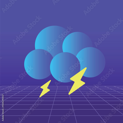 Flat Style Cloudy Thunder Storm Clouds on Purple Grid Background
