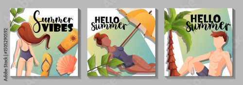 Three bright vector posts with summer lettering, swimsuit characters, beach zone and tropical elements in the background.
