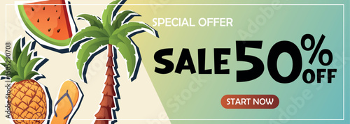 Vector banner with palm tree, pineapple and watermelon. Fifty percent off. Ideal for tropical sales, vacation ads and summer promotions.