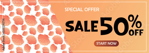 Sale baVector banner with seashell background and fifty percent discount. Great for summer sales, stores, beach-themed ads and vacation promotions.