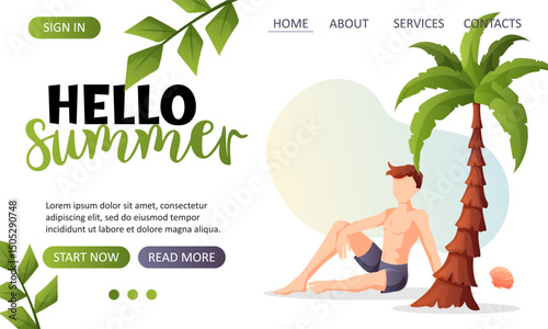 Vector landing page template featuring a man sitting under a palm tree with “Hello Summer” text. Great for travel websites, summer landing pages, and seasonal content.