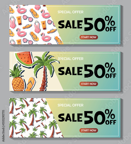 Vector set of summer banners with fifty percent discount. Includes flamingos, palm trees, fruits, and beach items. Ideal for tourism, retail, and seasonal ads.