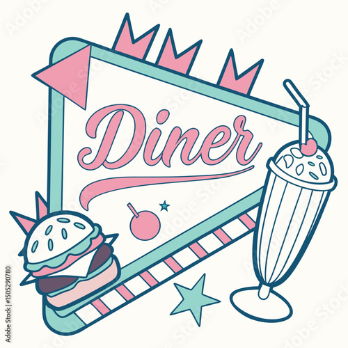 Retro diner sign with burger and milkshake